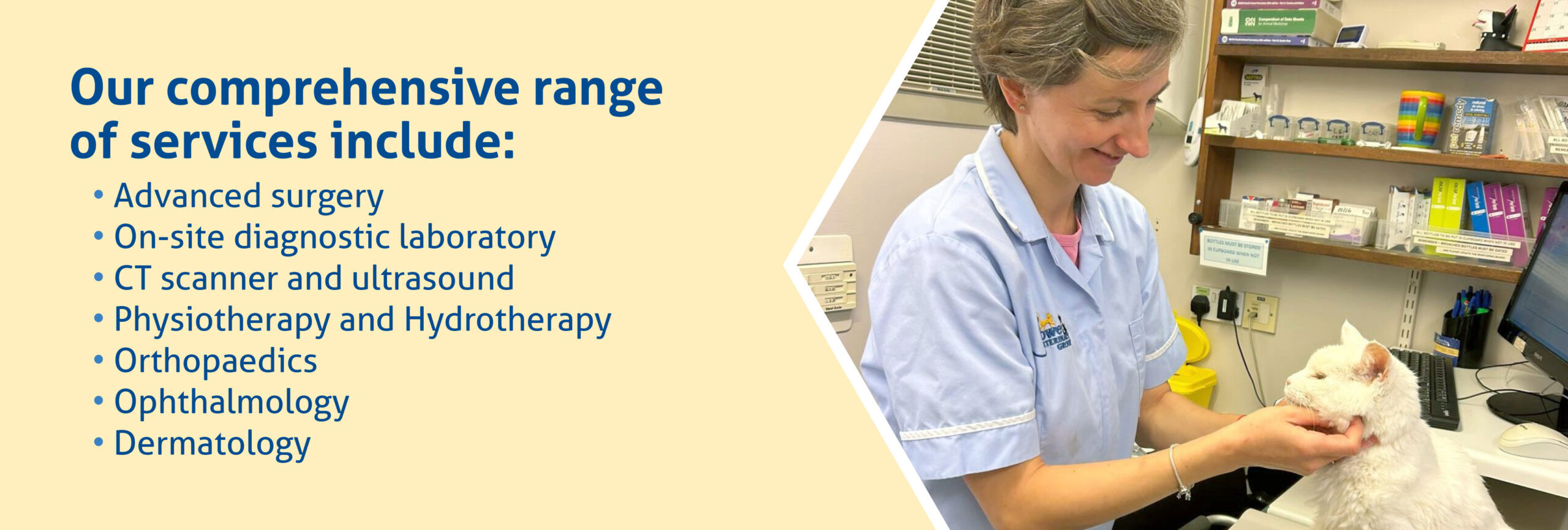 Our comprehensive range of services includes: Advanced surgery, On-site diagnostic laboratory, CT scanner and ultrasound, Physiotherapy and hydrotherapy, Ophthalmology, Dermatology.